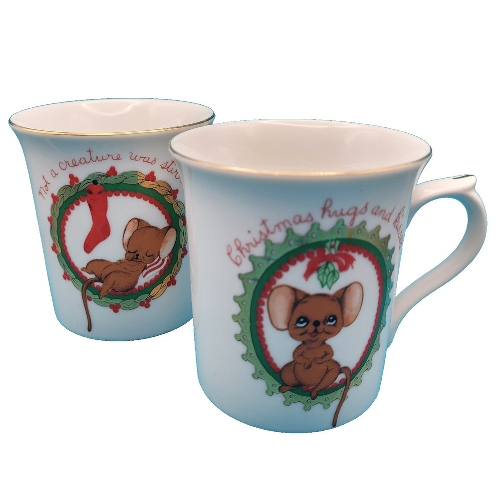 George Good Merry Christmas‎ Mouse Mug Set w Gold Trim Vintage JAPAN